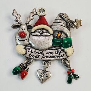 Vintage Signed AJMC Santa with Friends Christmas Metal & Enameled Brooch Pin